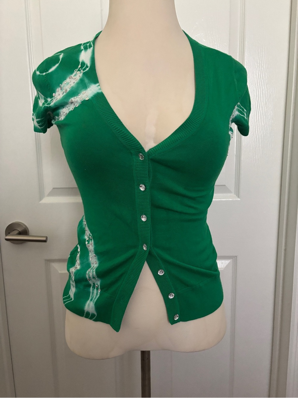 INC International Concepts M Green Tie Dye Sequin Button Front Fitted Y2K Top